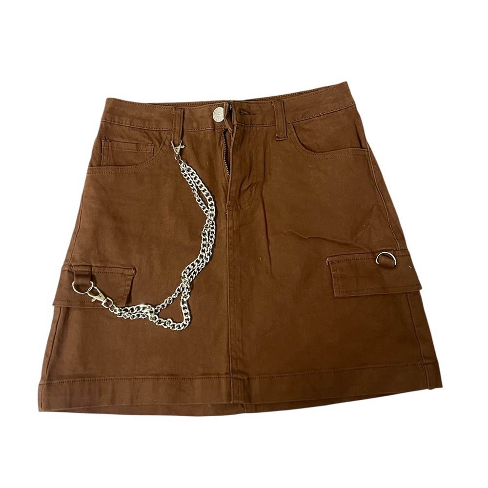 Y2K Juniors Brown Cargo Mini Skirt w Chain